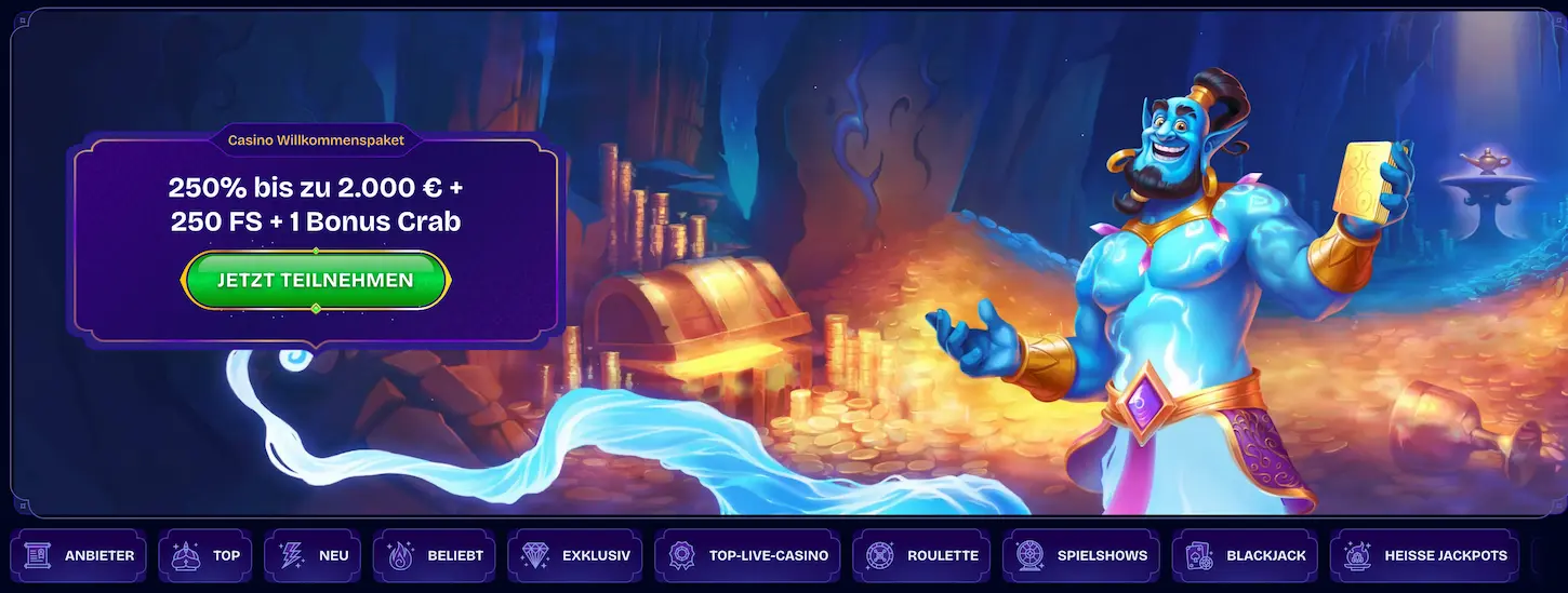 WishWin Casino Willkommensbonus – 250% bis zu 2.000 € plus 250 Freispiele und 1 Bonus Crab für neue Spieler.